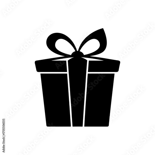 Simple black gift box with ribbon and bow on transparent background