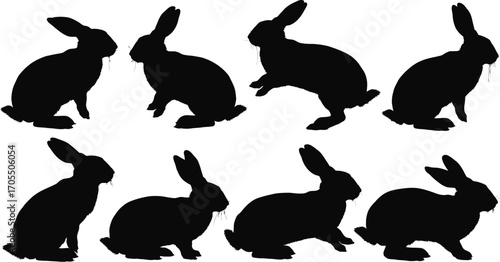 A captivating silhouette arrangement displaying numerous rabbits in diverse stances, highlighting their agility and grace against a clean white background isolated on white background