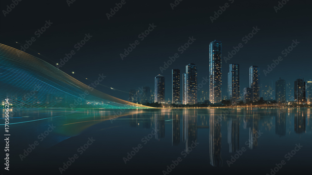 Fototapeta premium Night lights, a city of modern business and smart digital innovation with a network of interconnected rewards over the cityscape of the future smart wireless digital city and social media network that