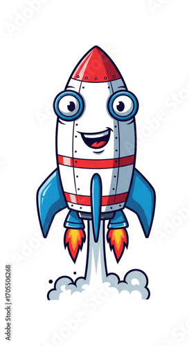 Cute cartoon rocket ship blasting off with a happy face.