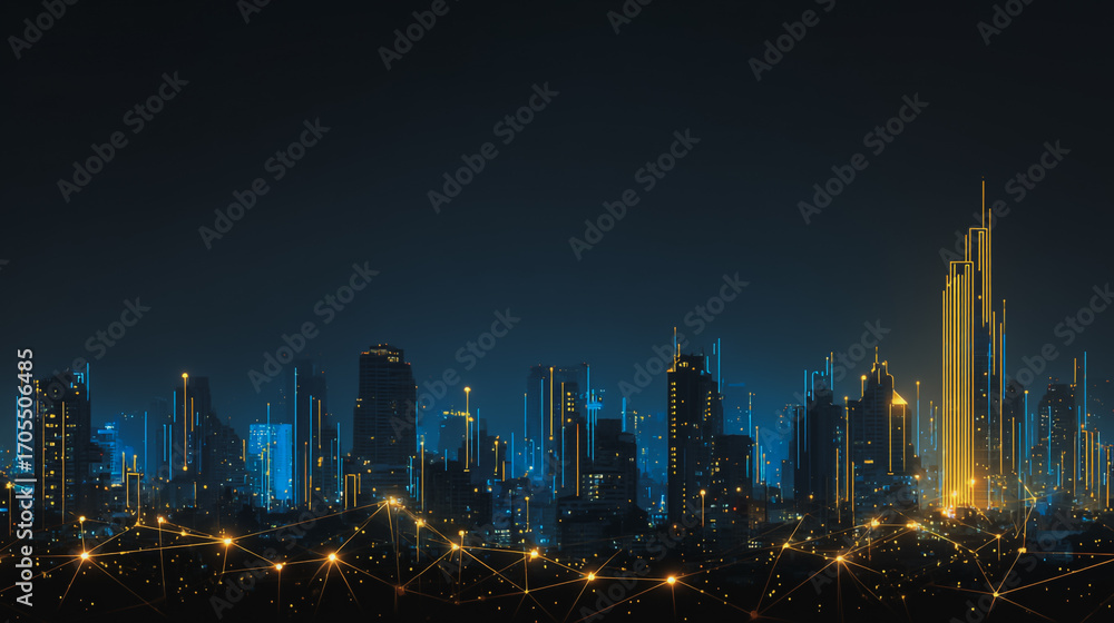 Fototapeta premium Night lights, a city of modern business and smart digital innovation with a network of interconnected rewards over the cityscape of the future smart wireless digital city and social media network 