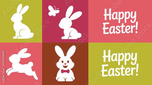 A cheerful easter celebration featuring bunnies and the phrase happy easter on a colorful background, perfect for holiday greetings and decorations