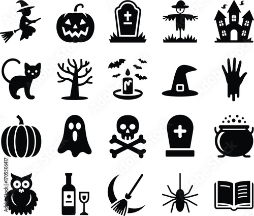 Halloween icons set, witch, pumpkin, ghost, grave, cat, bat, spider, cauldron, broomstick, haunted house, spooky, scary, horror