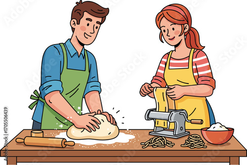 Happy couple making fresh pasta dough together at wooden table, rolling dough with pasta machine, homemade pasta preparation, teamwork, flat vector illustration
