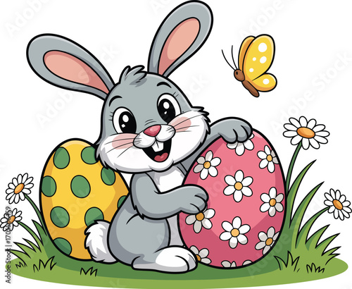 Adorable bunny with easter eggs isolated on white background, a charming illustration perfect for spring celebrations and festive decorations