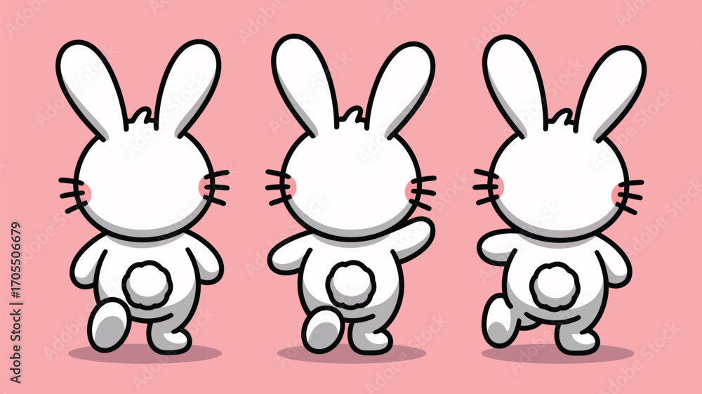 Fototapeta premium Three adorable cartoon bunnies standing sidebyside on a pink background, isolated on white background, creating a whimsical and playful composition
