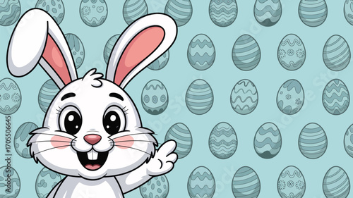 A cheerful easter bunny points towards a backdrop of easter eggs, creating a festive and inviting scene on a light blue background