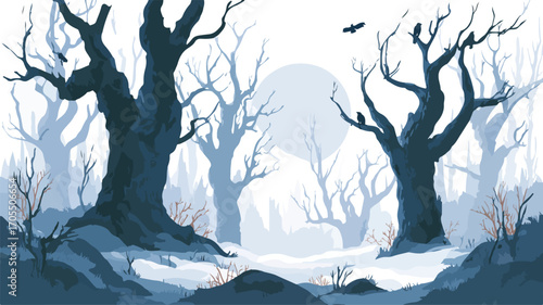 Enchanted Spooky Forest Vector Art with Gnarled Trees and Mist