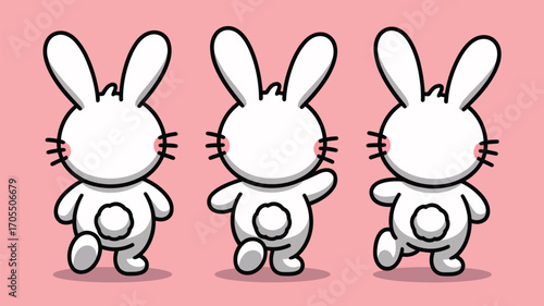 Three adorable cartoon bunnies standing sidebyside on a pink background, isolated on white background, creating a whimsical and playful composition