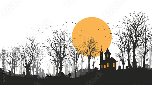 Spooky Halloween Night Scene Vector Illustration with Outline for Design Projects
