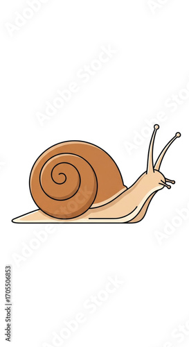 Cute cartoon snail with brown shell and antennae.