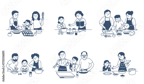 Parents and children prepare food. Doodle family cooking together, baking and cutting ingredients. Children learn and help to cook recent vector scenes
