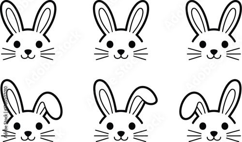 A collection of simple rabbit head outlines isolated on white background, showcasing different ear positions, perfect for minimalist designs and creative projects