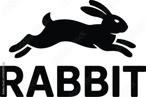 Rabbit logo isolated on white background featuring a black silhouette of a leaping rabbit above the word rabbit and a slogan underneath it