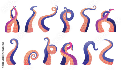 Cartoon octopus tentacles set. Tentacle hugging each other. Isolated jellyfish or underwater monster elements. Creepy curly nowaday vector set