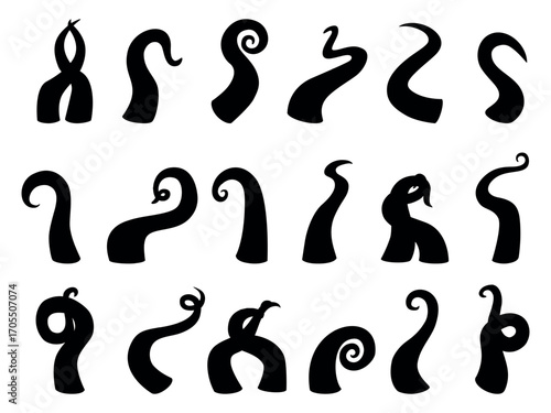 Black octopus tentacles. Squid tentacle various postures, swirl silhouette for stickers, cutting. Underwater wild animal, jellyfish arms, nowaday vector set