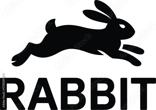Rabbit logo isolated on white background featuring a black silhouette of a leaping rabbit above the word rabbit and a slogan underneath it