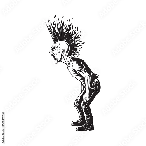Vector art of punk rocker screaming in black and white style
