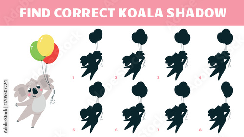 Find correct koala shadow children play. Cute cartoon koala flying with balloons. Educational game for kids. Australian animal shadows, vector template