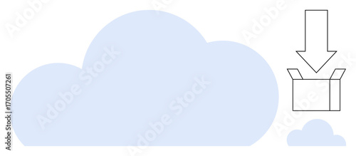 Large cloud shape with an arrow pointing into an open box, symbolizing cloud storage, data transfer, or download. Ideal for technology, file management, business solutions, data safety, remote