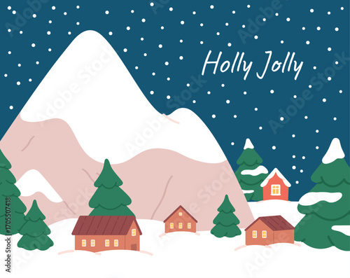 Seasonal snowy landscape. Winter holidays, Christmas time postcard with mountain, fir tree, cute wooden houses in valley. Cozy vector background