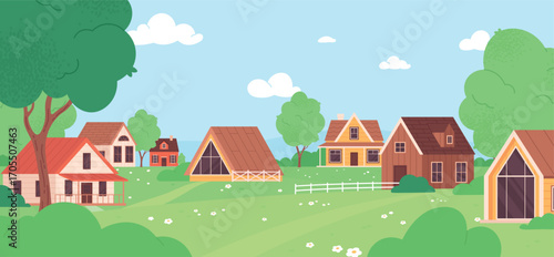 Village landscape. Cute wooden cabins in green valley. Cleat nature, rest countryside suburb with different buildings. Silent neighborhoods, vector illustration
