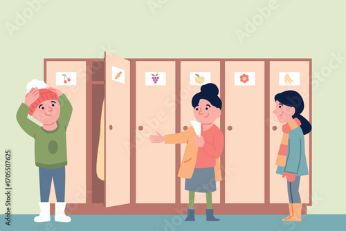 Children dress up near lockers. Kids changing clothes in kindergarten or elementary school, dressing up for walking outside, flat recent vector scene