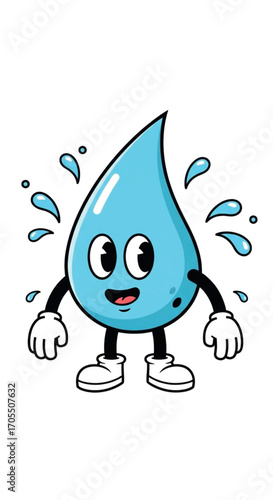 Cute cartoon water drop character with happy expression.