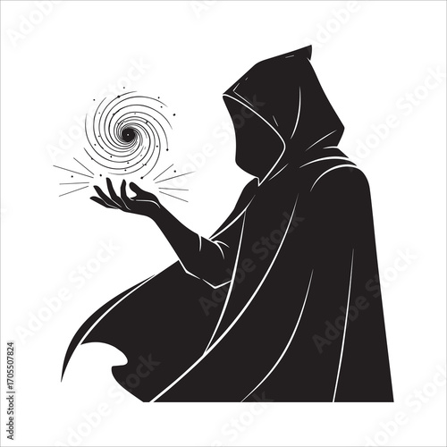 Vector art of mysterious hooded figure casting a magic spell
