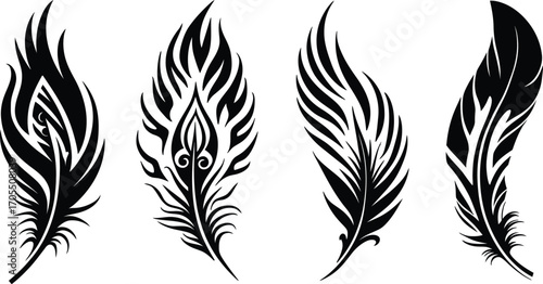 Tribal Feather Vector Set, Simple bird Feather silhouette collection. 