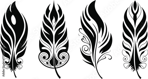 Tribal Feather Vector Set, Simple bird Feather silhouette collection. 