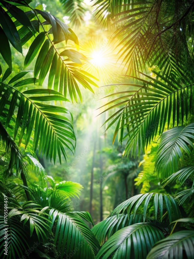 Fototapeta premium Tropical forest with sunlight filtering through the leaves and branches of trees in soft focus
