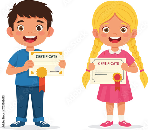 Happy cartoon boy and girl holding certificate awards, smiling children, proud kids celebrating achievement, education success, school achievement, certificate 