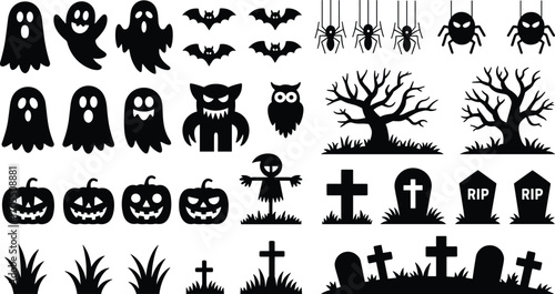 Halloween spooky icons silhouettes including ghosts, bats, spiders, monsters, pumpkins, scarecrows, owls, bare trees, gravestones, crosses, grass, and tombstones