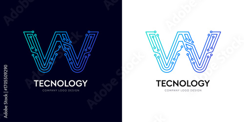 W letter logo design for Ai Automated technology in circuit electric line typographic innovation tech. Futuristic cyber gradient blue text for brand company. Digital techno logo title.