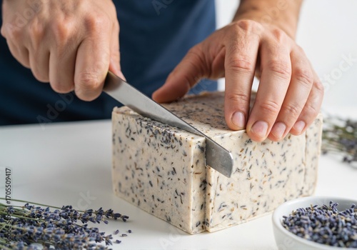 Close-up of a man cutting a bar of handmade lavender-infused soap