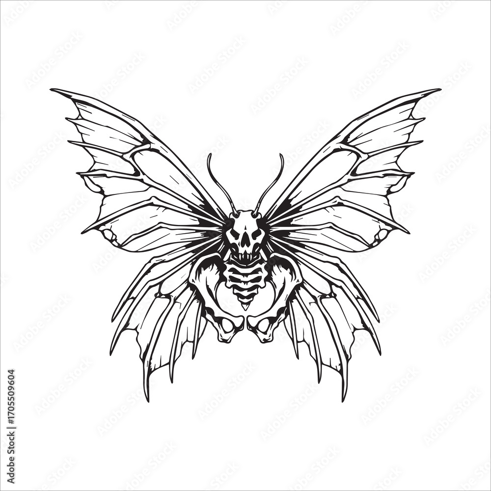 Fototapeta premium Vector art of creepy butterfly with a skull and bones