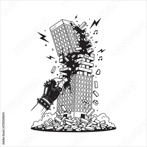 Vector art of wrecking ball demolishing a building