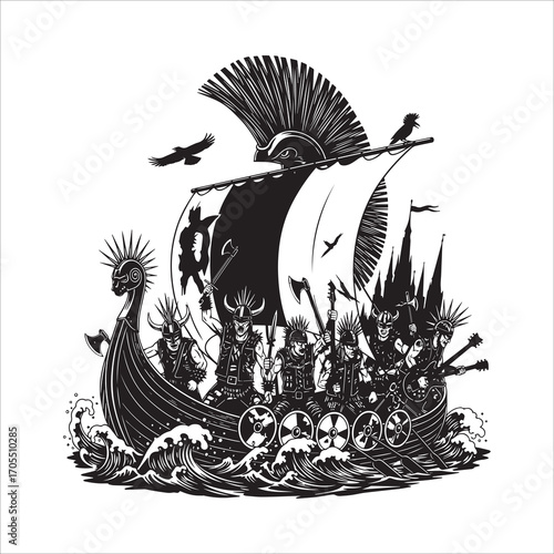 Vector art of viking ship with warriors