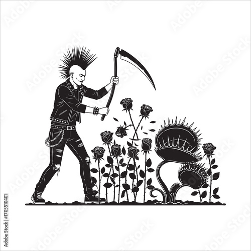 Vector art of punk rocker with scythe and venus flytrap