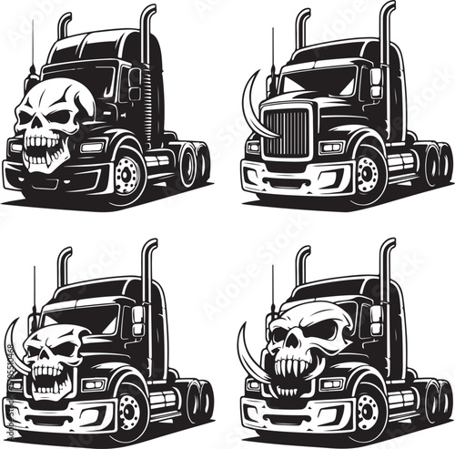 Four Black and White Semi Truck Illustrations with Skull and Tusk Embellishments tractor unit