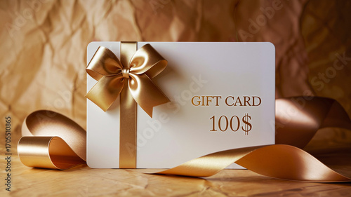 Gift card with gold ribbon and bow on textured brown background  