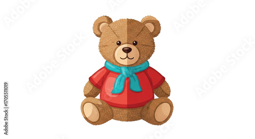 Cute Teddy Bear Wearing Red Shirt and Blue Scarf.