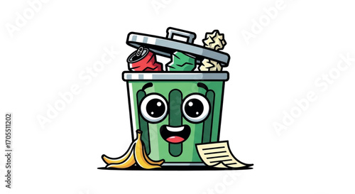 Cute Trash Can Character with Banana Peel and Paper.