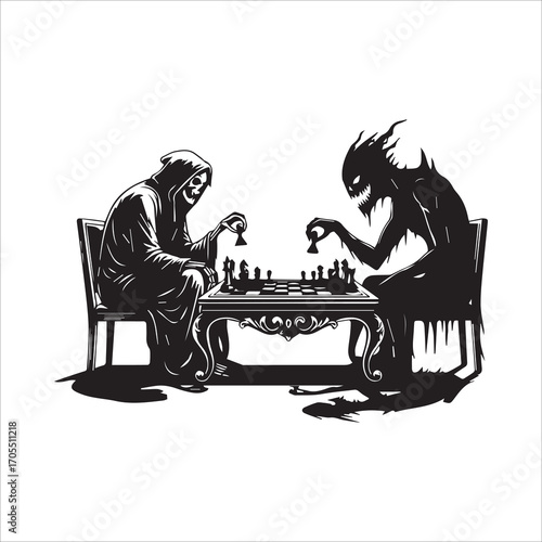 Vector art of grim reaper and demon playing chess