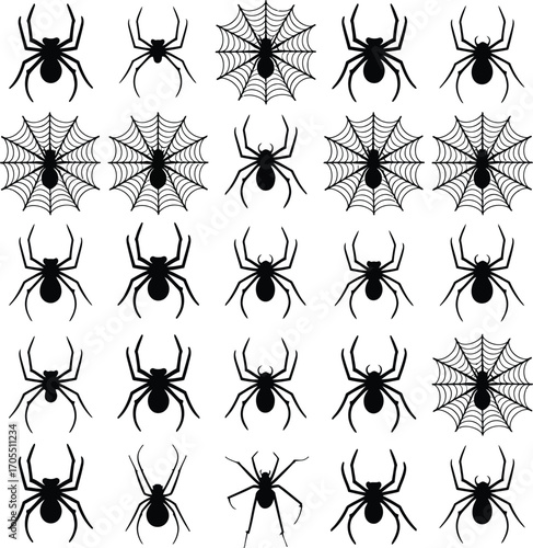 Vector art of set of spider silhouettes, ideal for halloween decorations, creepy designs, and thematic projects with arachnid motifs