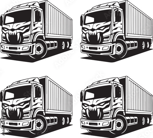 Four Black and White Illustrations of a Monster Semi Truck with Container tractor trailer