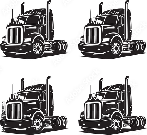 Four Black and White Illustrations of a Classic Semi Truck Cab tractor trailer freight truck