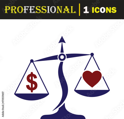 Vector art of balance scale with dollar sign on one side and heart on the other, representing the choice between money and love