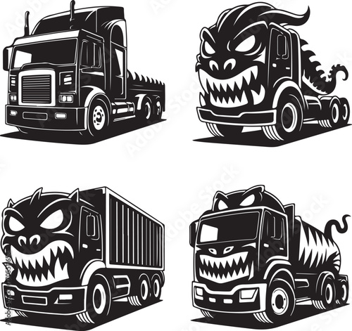 Four Illustrations of Trucks with Monster Faces and Different Trailers semi truck tractor trailer